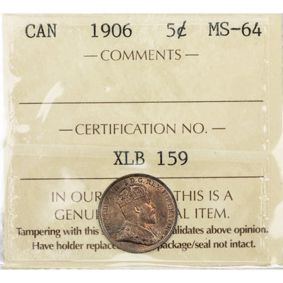 Canada 1906 5 Cents Silver Coin - ICCS MS-64