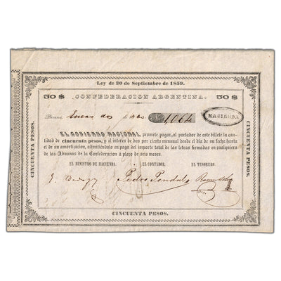 SOLD Argentina Confederacion 1859 (1860) 50 Pesos Note - EF+
