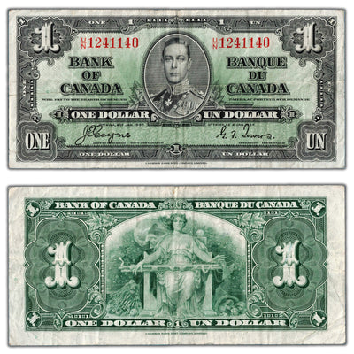 $1 1937 Bank of Canada Note Coyne-Towers U/N Prefix BC-21d - VF