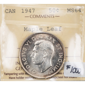 SOLD Canada 1947 Maple Leaf 50 Cents Silver Coin - ICCS MS-64
