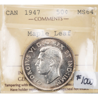 SOLD Canada 1947 Maple Leaf 50 Cents Silver Coin - ICCS MS-64