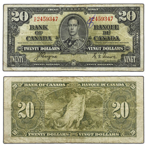 SOLD $20 1937 Bank of Canada Note Coyne-Towers K/E Prefix BC-25c - Writing/Pinholes