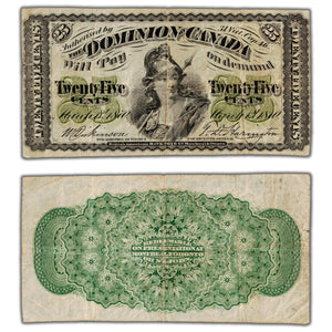 25 Cents 1870 Dominion of Canada Shinplaster Note Plain DC-1c - F/VF (pinholes)