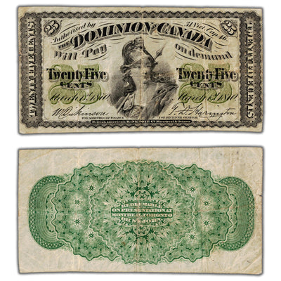 25 Cents 1870 Dominion of Canada Shinplaster Note Plain DC-1c - F/VF (pinholes)