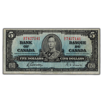 $5 1937 Bank of Canada Note Gordon-Towers K/C Prefix BC-23b - F/VF