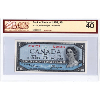SOLD $5 1954 Bank of Canada Note Devil Face D/C Prefix BC-31b - BCS EF-40