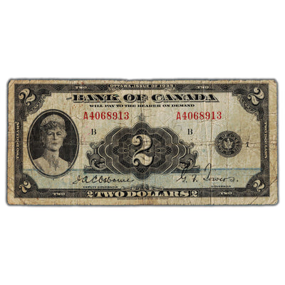 SOLD $2 1935 Bank of Canada Note English Text BC-3 - Circulated (small tear)