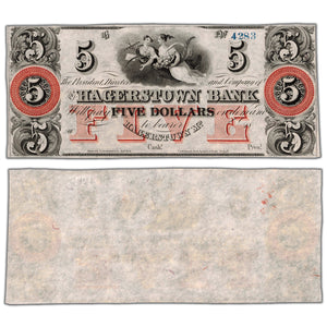 SOLD United States 1800's Hagerstown Bank Maryland $5 Five Dollars Obsolete Note - UNC