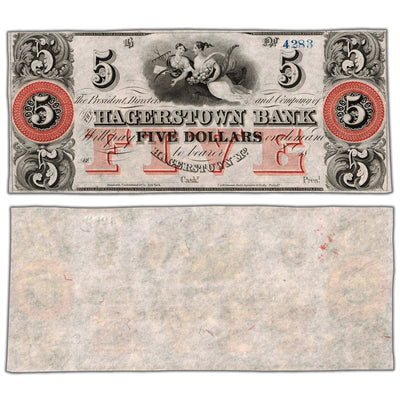 SOLD United States 1800's Hagerstown Bank Maryland $5 Five Dollars Obsolete Note - UNC