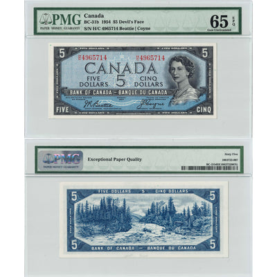 $5 1954 Bank of Canada Note Devil Face H/C Prefix BC-31b - PMG Gem UNC-65 EPQ