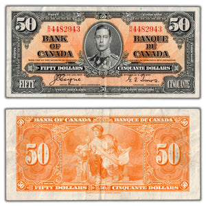 SOLD $50 1937 Bank of Canada Note Coyne-Towers B/H Prefix BC-26c - VF/EF