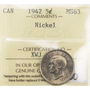 SOLD Canada 1942 5 Cents Nickel Coin - ICCS MS-63