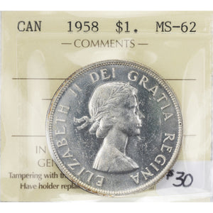 SOLD Canada 1958 $1 Silver Dollar Coin - ICCS MS-62