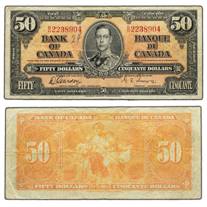 SOLD $50 1937 Bank of Canada Note Gordon-Towers B/H Prefix BC-26b - Writing