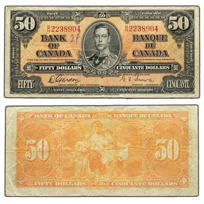 SOLD $50 1937 Bank of Canada Note Gordon-Towers B/H Prefix BC-26b - Writing