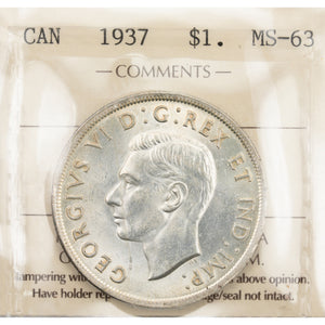 SOLD Canada 1937 $1 Silver Dollar Coin - ICCS MS-63