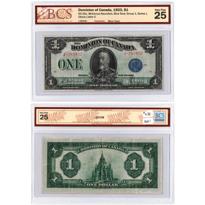 $1 1923 Dominion of Canada Note Blue Seal Series J DC-25c - BCS VF-25
