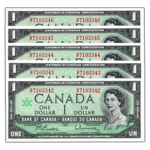 SOLD $1 1967 Bank of Canada Notes G/P Prefix BC-45b-i - 5 Consecutive