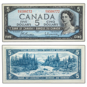 SOLD $5 1954 Bank of Canada Note Beattie-Rasminsky P/X Prefix BC-39b - EF/AU