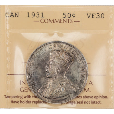 Canada 1931 50 Cents Half Dollar Silver Coin - ICCS VF-30