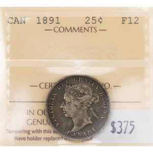 SOLD Canada 1891 25 Cents Quarter Silver Coin - Key Date - ICCS F-12