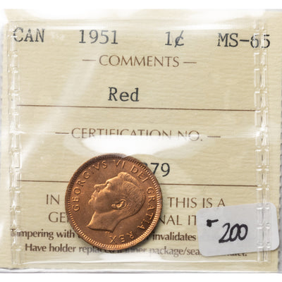 SOLD Canada 1951 1 Small Cent Coin - ICCS MS-65