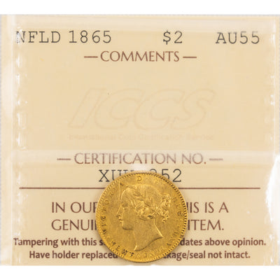 SOLD Newfoundland 1865 $2 Two Dollars Gold Coin - ICCS AU-55