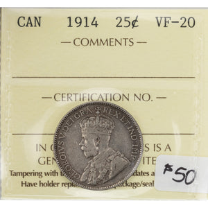 SOLD Canada 1914 25 Cents Quarter Silver Coin - ICCS VF-20
