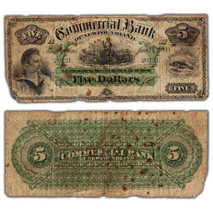 SOLD $5 1888 Commercial Bank of Newfoundland Chartered Note #185-18-06 - Damaged