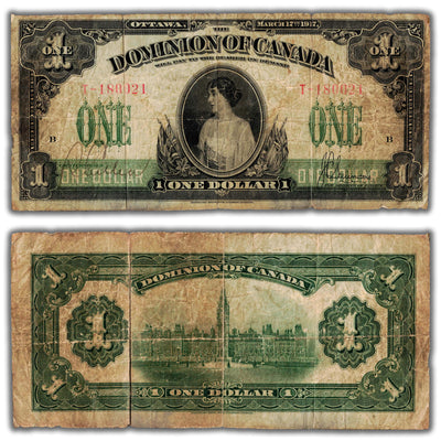 SOLD $1 1917 Dominion of Canada Note No Seal Saunders Series T DC-23b