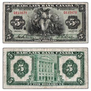 SOLD $5 1935 Barclays Bank Canada Chartered Note #30-12-02 - Fine