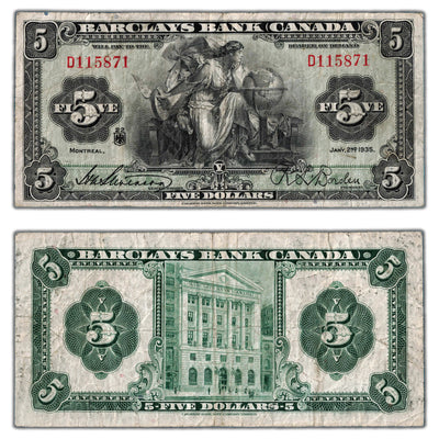 $5 1935 Barclays Bank Canada Chartered Note #30-12-02 - Fine