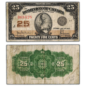 SOLD 25 Cents 1923 Dominion of Canada Shinplaster Note DC-24b - Writing/Small Pinholes