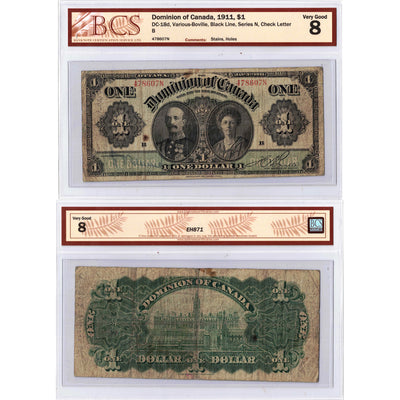 SOLD $1 1911 Dominion of Canada Note Black Line Series N Dc-18d - BCS VG-8