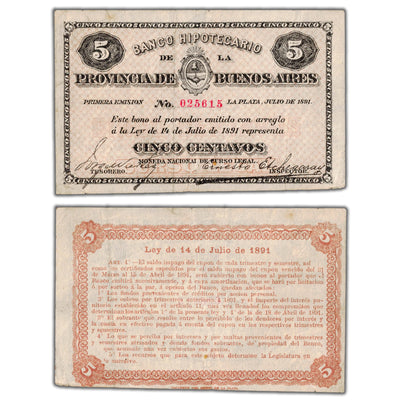 Argentina Banco Hipotecario 1891 5 Centavos Note P #S611 - VF