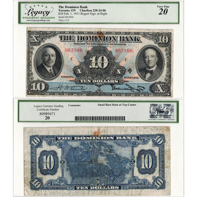 $10 1931 The Dominion Bank Canada Chartered Note #220-24-06 - Legacy VF-20