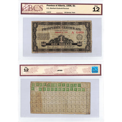 $1 1936 Province of Alberta Prosperity Certificate Note 26 Stamps A-1 - BCS F-12