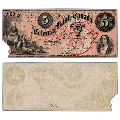 SOLD $5 1859 Colonial Bank of Canada Note #130-10-04-10 - AU (corner missing)