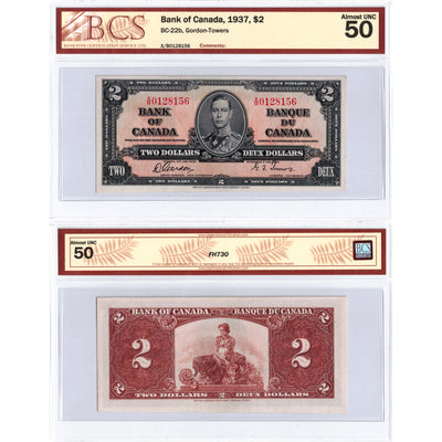 $2 1937 Bank of Canada Note Gordon-Towers X/B Prefix BC-22b - BCS AU-50