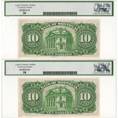 $10 1938 Bank of Montreal Chartered Notes #505-62-04 - 2 Consec Legacy AU-58