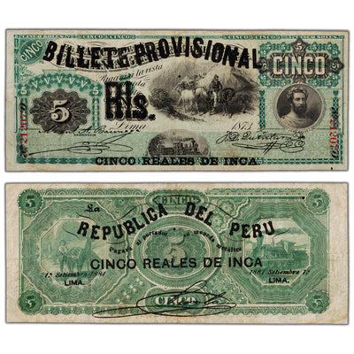 SOLD Peru 1881 5 Five Reales de Inca Note P #12 - F/VF (holes)