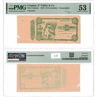 Uruguay P. Valdez & Co 1872 10 Ten Centesimos Unissued Note - PMG AU-53