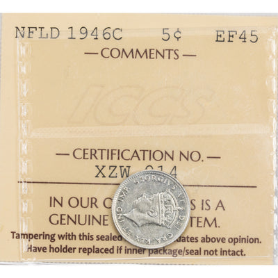 SOLD Newfoundland 1946-C 5 Cents Silver Coin - ICCS EF-45