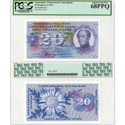 Switzerland 1970 20 Franken Note P #46r - PCGS Superb UNC-68 PPQ