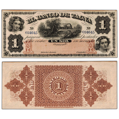 Peru El Banco de Tacna 1870's 1 Sol Remainder Note P #S382r - EF+