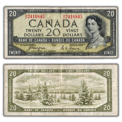$20 1954 Bank of Canada Note Devil Face  B/E Changeover Prefix BC-33a - Fine+