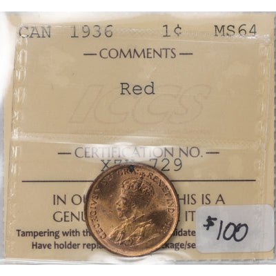 SOLD Canada 1936 1 Small Cent Coin - ICCS MS-64 Red