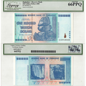SOLD Zimbabwe 2008 100 Trillion Dollars Note P #91 - Legacy Gem UNC-66 PPQ