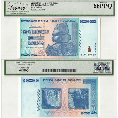 SOLD Zimbabwe 2008 100 Trillion Dollars Note P #91 - Legacy Gem UNC-66 PPQ