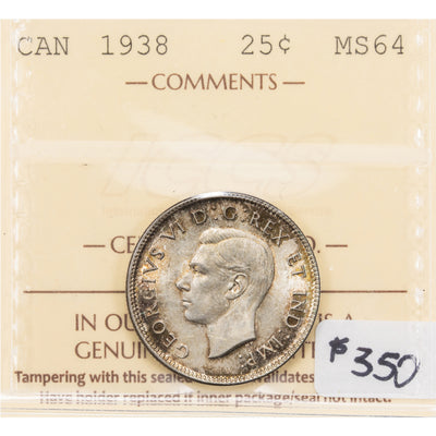 Canada 1938 25 Cents Quarter Silver Coin - ICCS MS-64